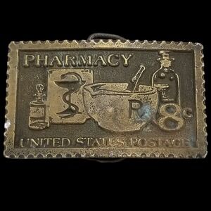 Vintage Pharmacy Stamp Belt Buckle Tiffany‎ Studio New York Brass